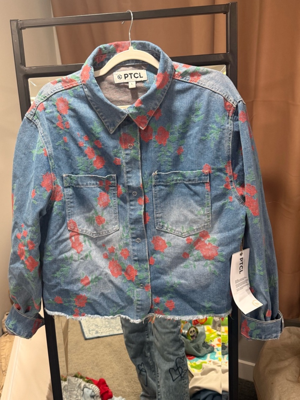 NWT L NORDSTROMS INDIGO FLORAL JEAN JACKET